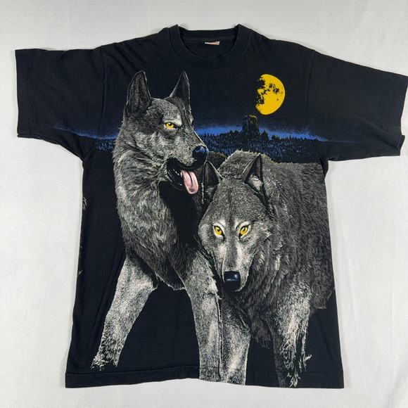 Fruit of the Loom Other - Vintage Wolf Moon Graphic T-Shirt‎ AOP Single Stitch Large Black USA